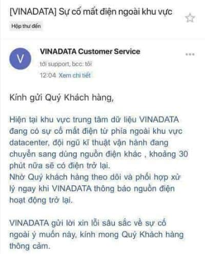 Vinadata xin loi khach hang su co Data Center