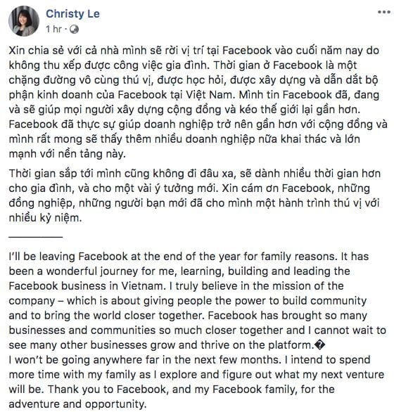 Giám đốc Facebook Việt Nam, bà Lê Diệp Kiều Trang, đã nộp đơn từ chức